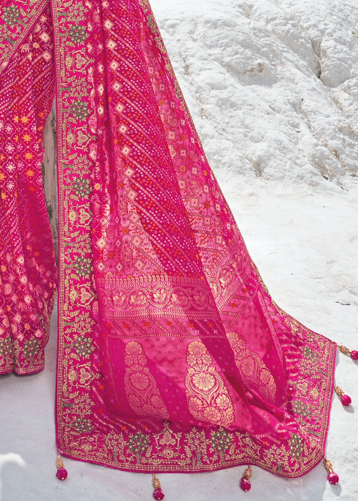 Barbie Pink Pure Georgette Bandhani Patola With Zari Weaving Heavy Work Saree