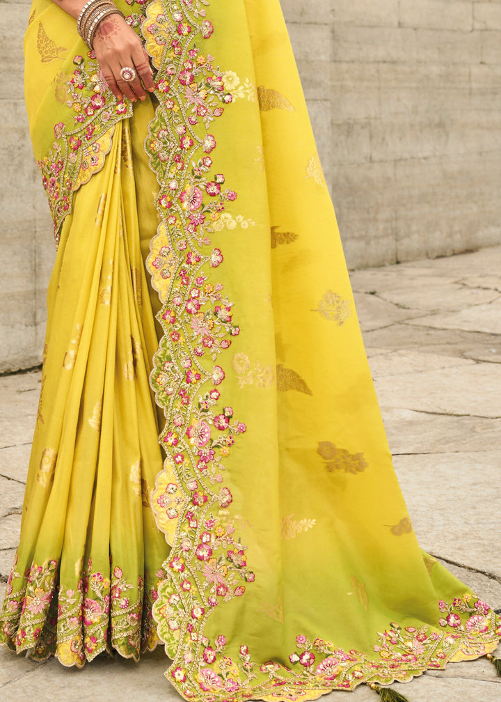 Bright Yellow Viscose Tissue Silk Saree With Embroidery Cut Work Border And Sequence Work