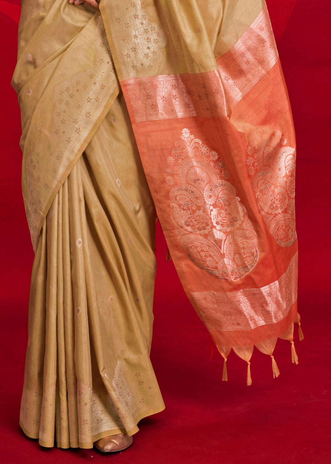 Mustard Tussar Silk Handloom Weaving Saree with Contrast Ikkat Pallu