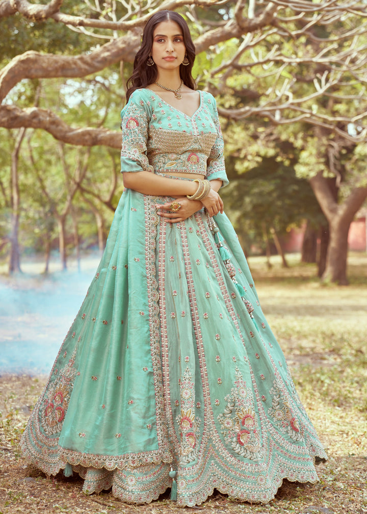 Seagreen Gold crushed Tissue Fabric Moti, Zari work Lehenga