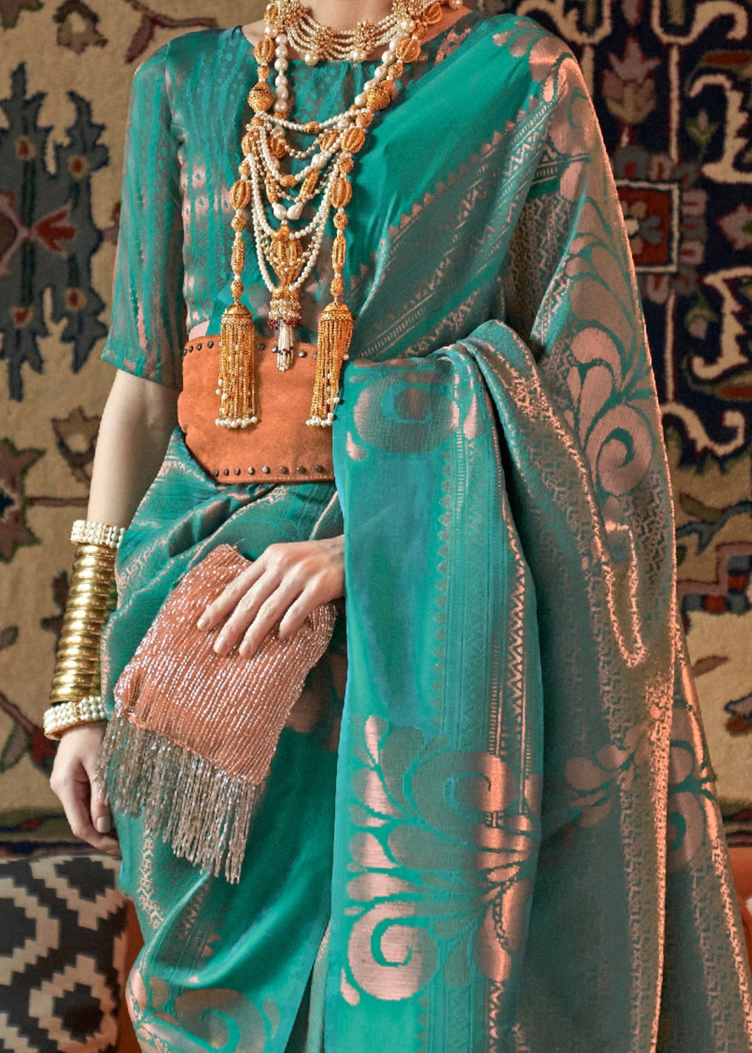 Turquoise Copper Zari Handloom Weaving Saree