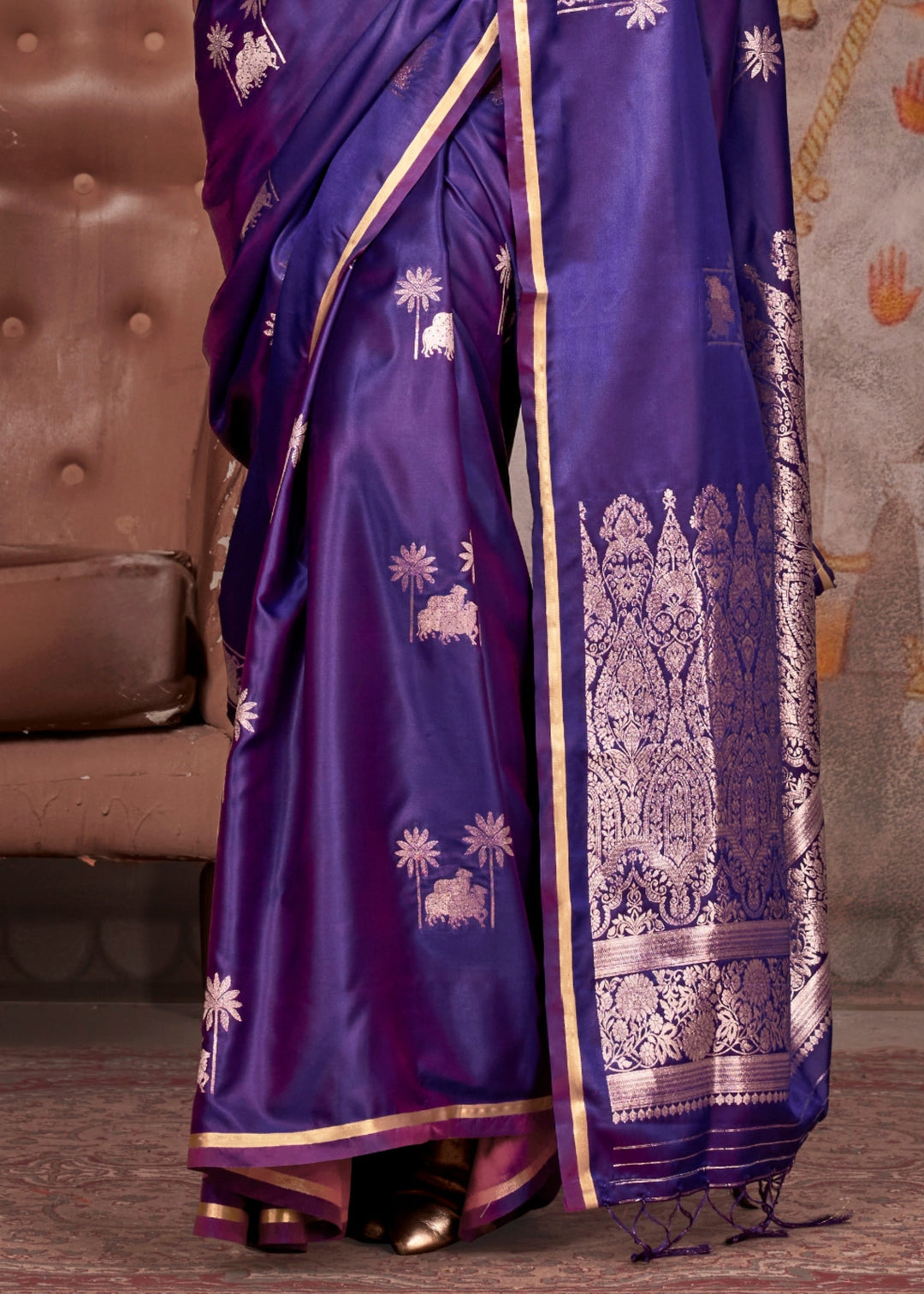 Purple Pure Satin Handloom Weaving Silk Saree