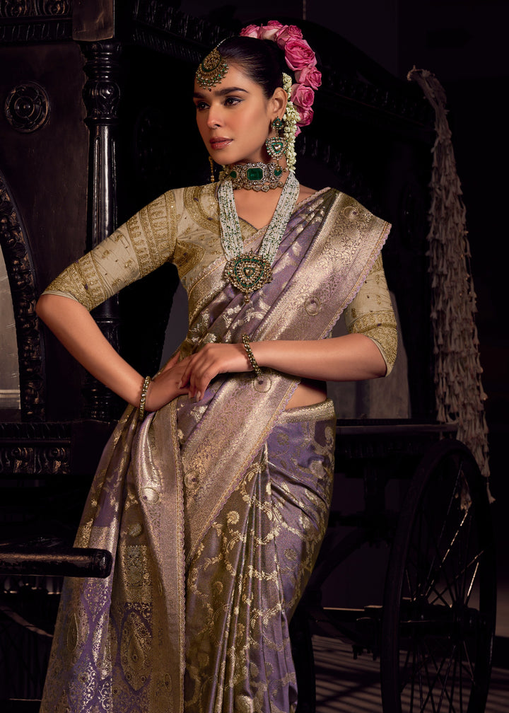 Heather Purple Viscose Tissue Silk Saree with Handworked Pallu And Contrast Designer Blouse