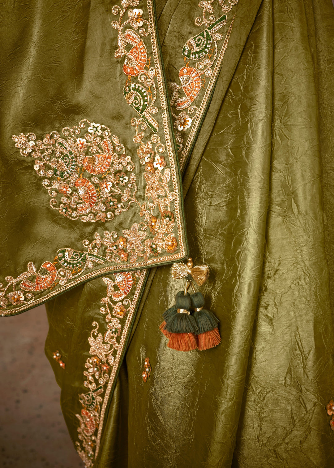 Olive Green Glass Tissue Silk Saree With Sequins And Thread Embroidered Work