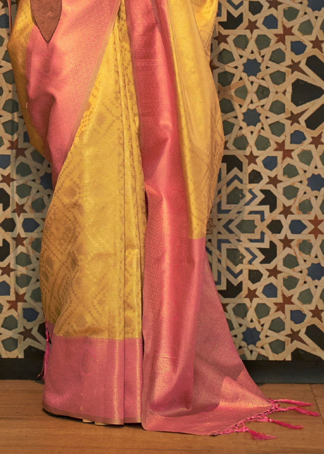 Dandelion Yellow and Flamingo Pink Silk Zari Base Chaap Handloom Weaving Saree