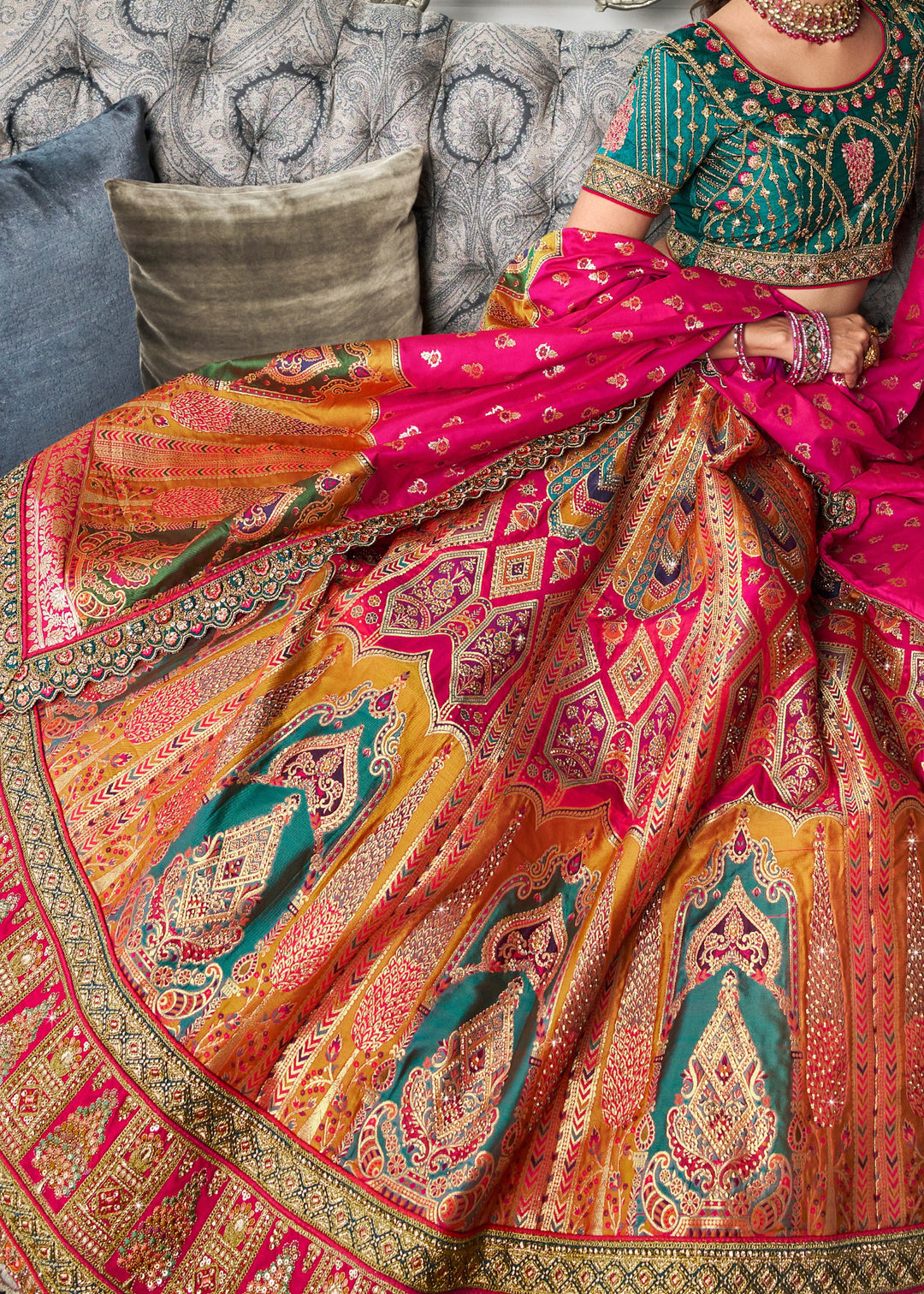 Hot Pink & Green Banarasi Silk Lehenga with Zarkan Codding work