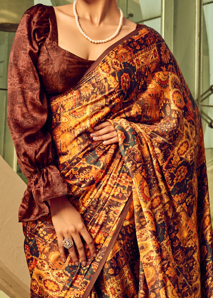 Brown Satin Digital Printed Saree