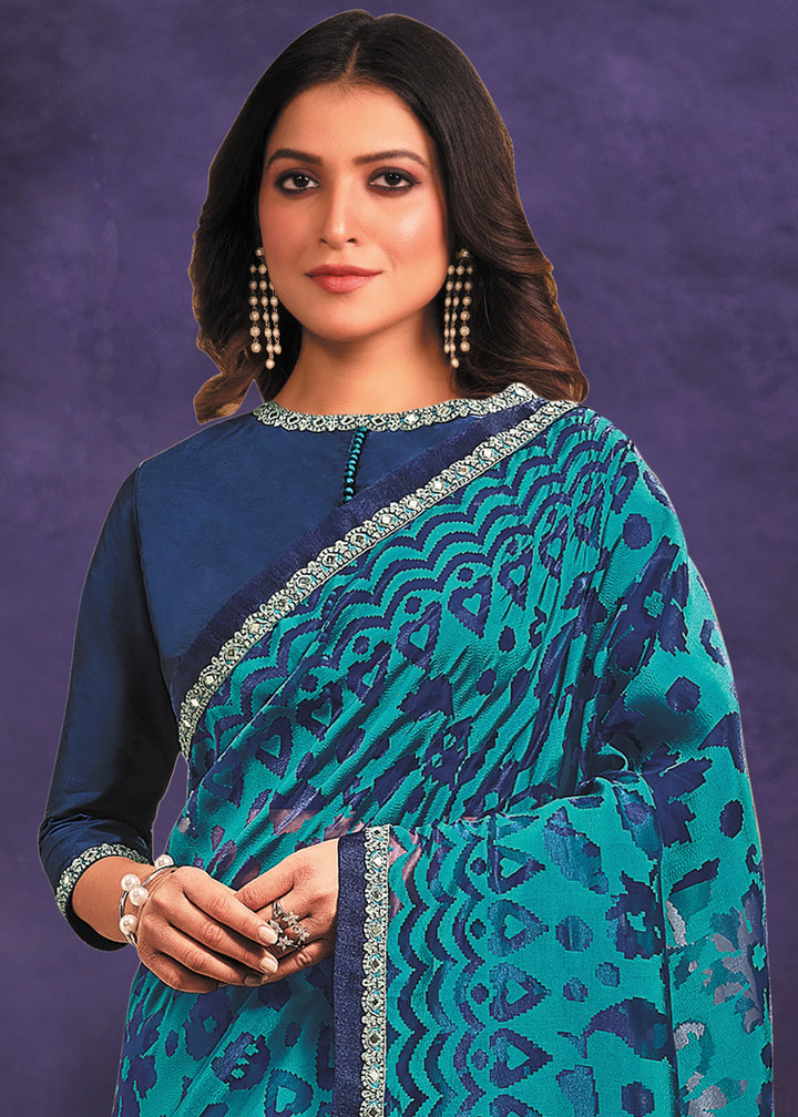 Persian Blue Designer Organza Saree with Cord Embroidered and Mirror Work