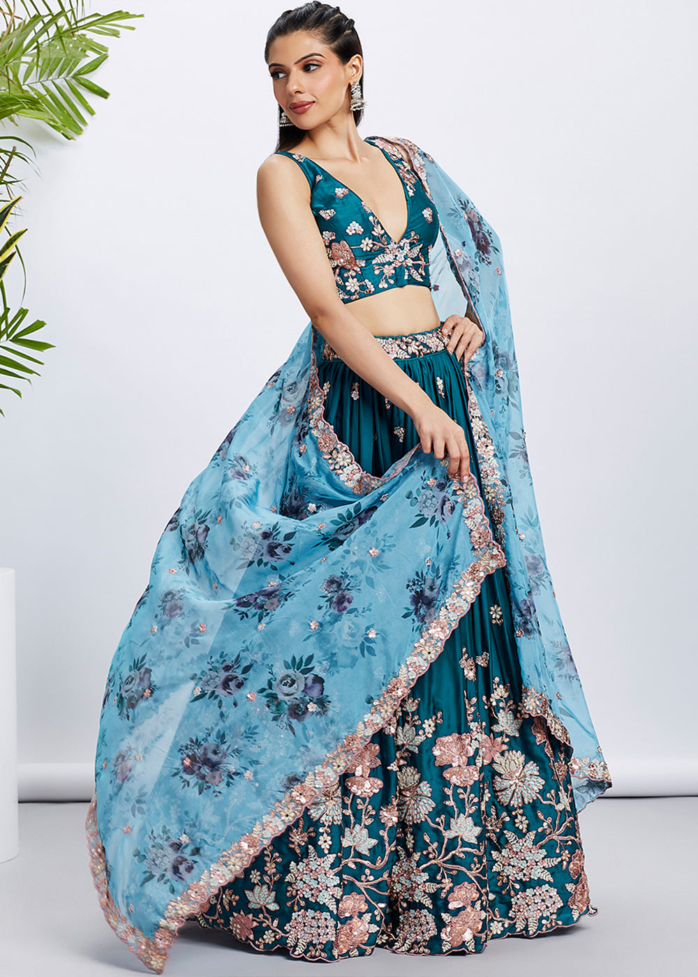 Teal Blue Georgette Lehenga Choli with Sequins & Thread Embroidery work