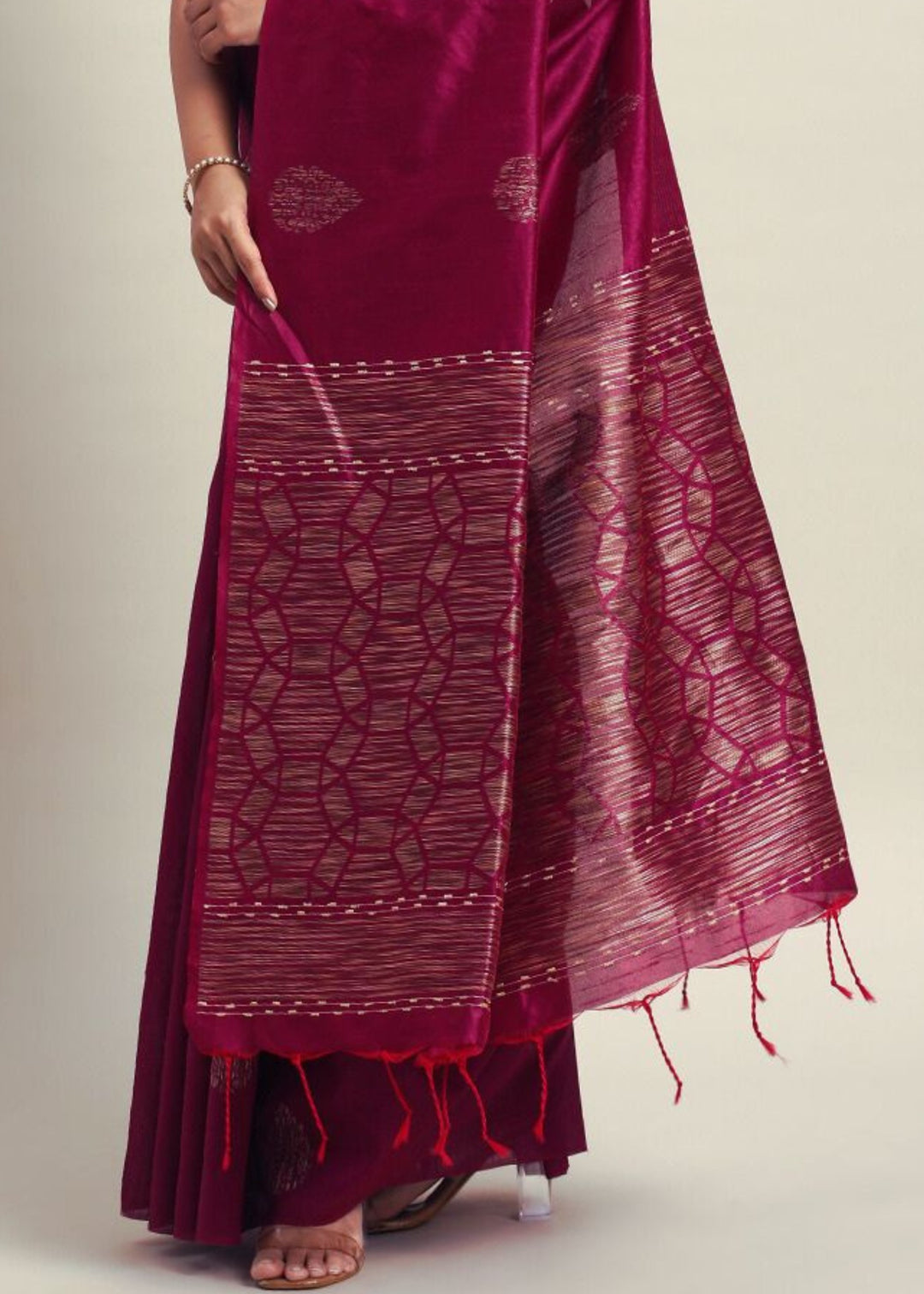 Wine Woven Handloom Raw Silk Saree