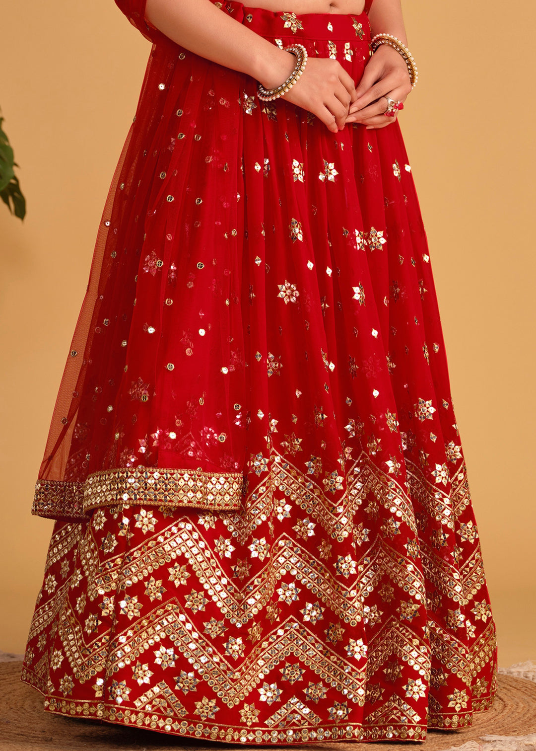 Scarlet Red Georgette Lehenga Choli With Sequins Zari Embroidered Work