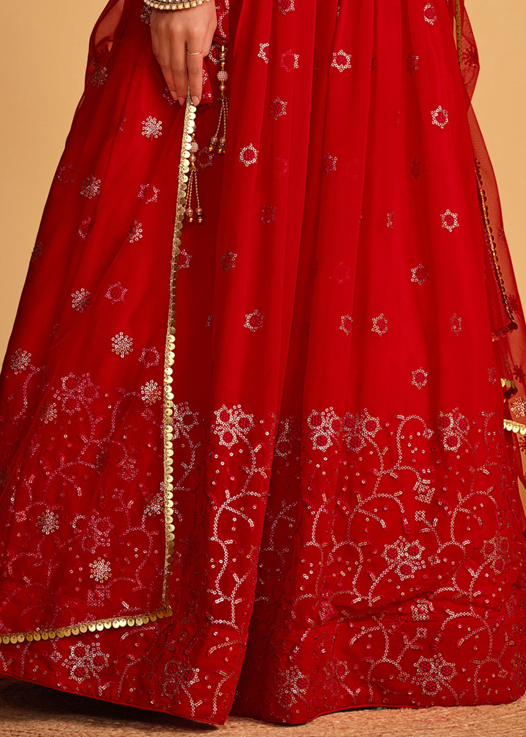 Crimson Red Georgette Lehenga Choli With Sequins Zari Embroidered Work