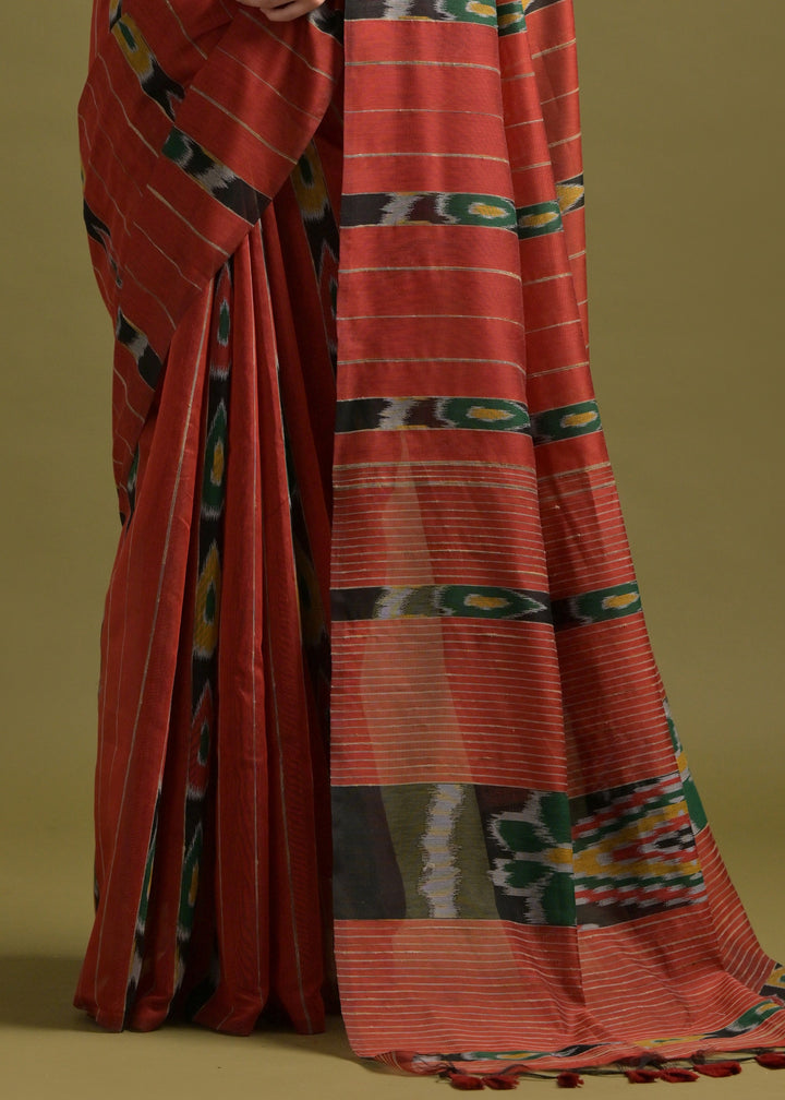 Vermilion Red Soft Ikkat Cotton Printed Saree