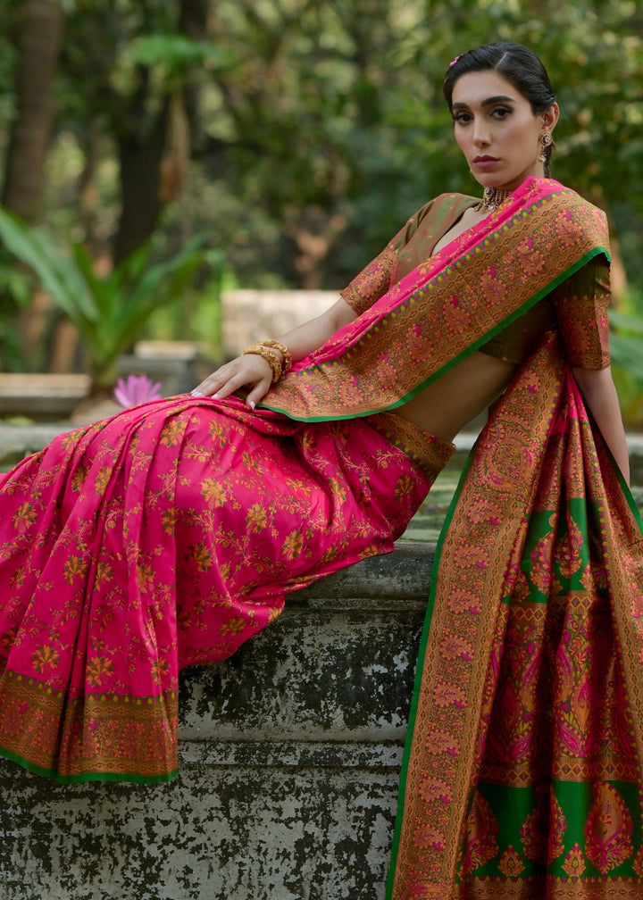 French Pink Thread Woven Pashmina Silk Saree With Heavy Thread Woven Pallu