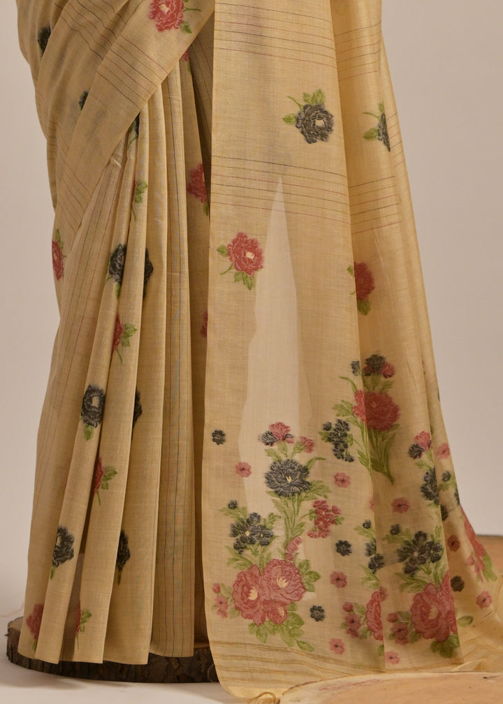 Pale Brown Thread Woven Cotton Saree With Contrast Blouse