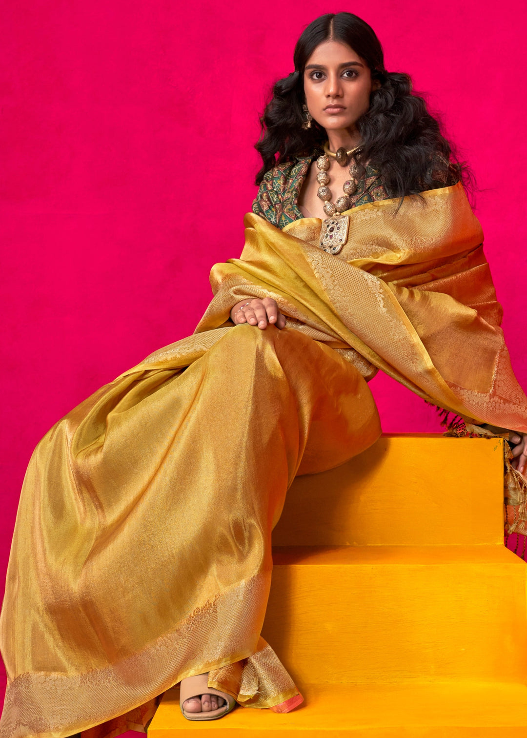 Golden Yellow Zari Tissue Silk Saree With Weaving Border