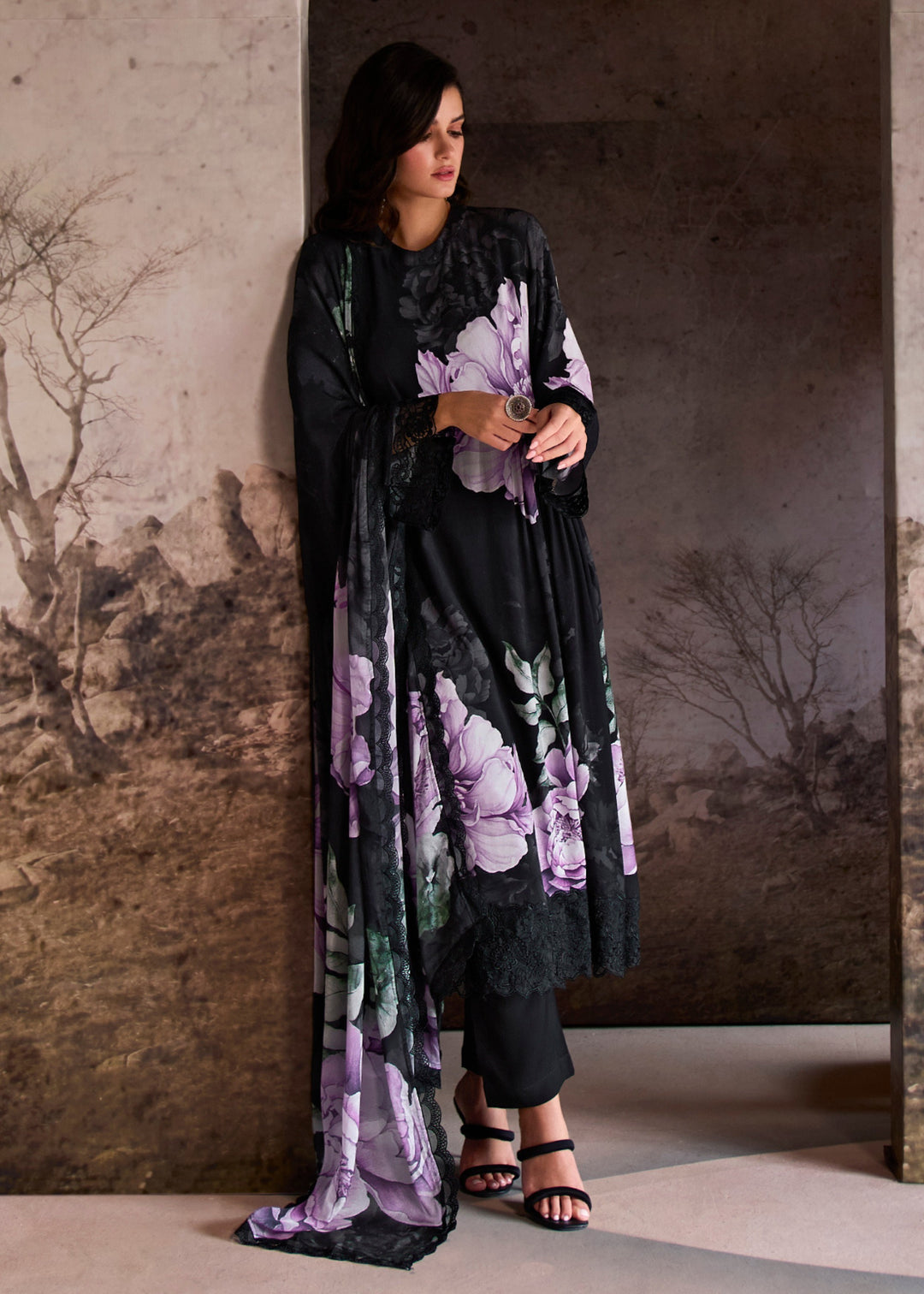 Black Pure Muslin with Digital Print Salwar Suit