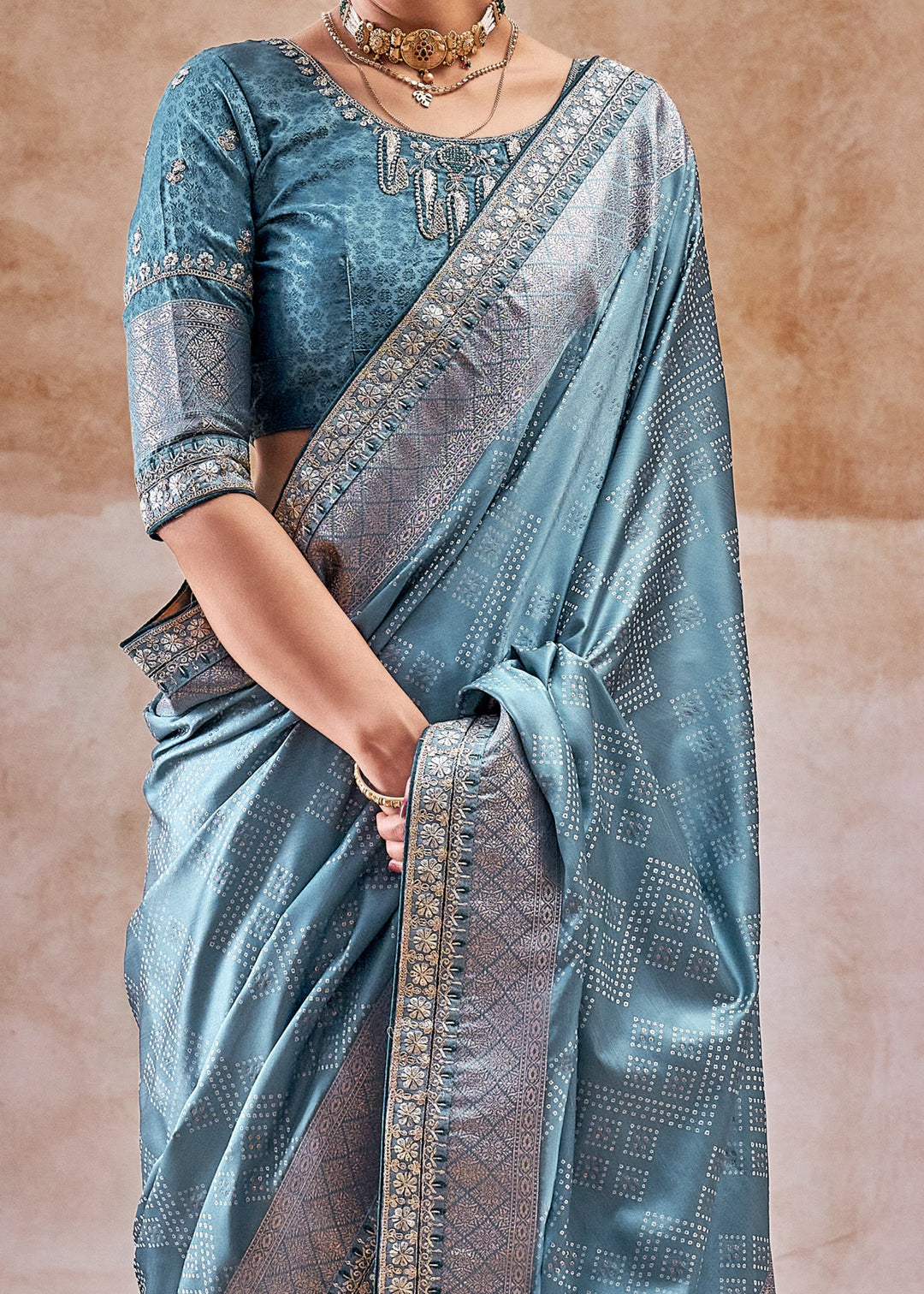 French Blue Satin Silk Saree With Heavy Embroidery Lace & Blouse