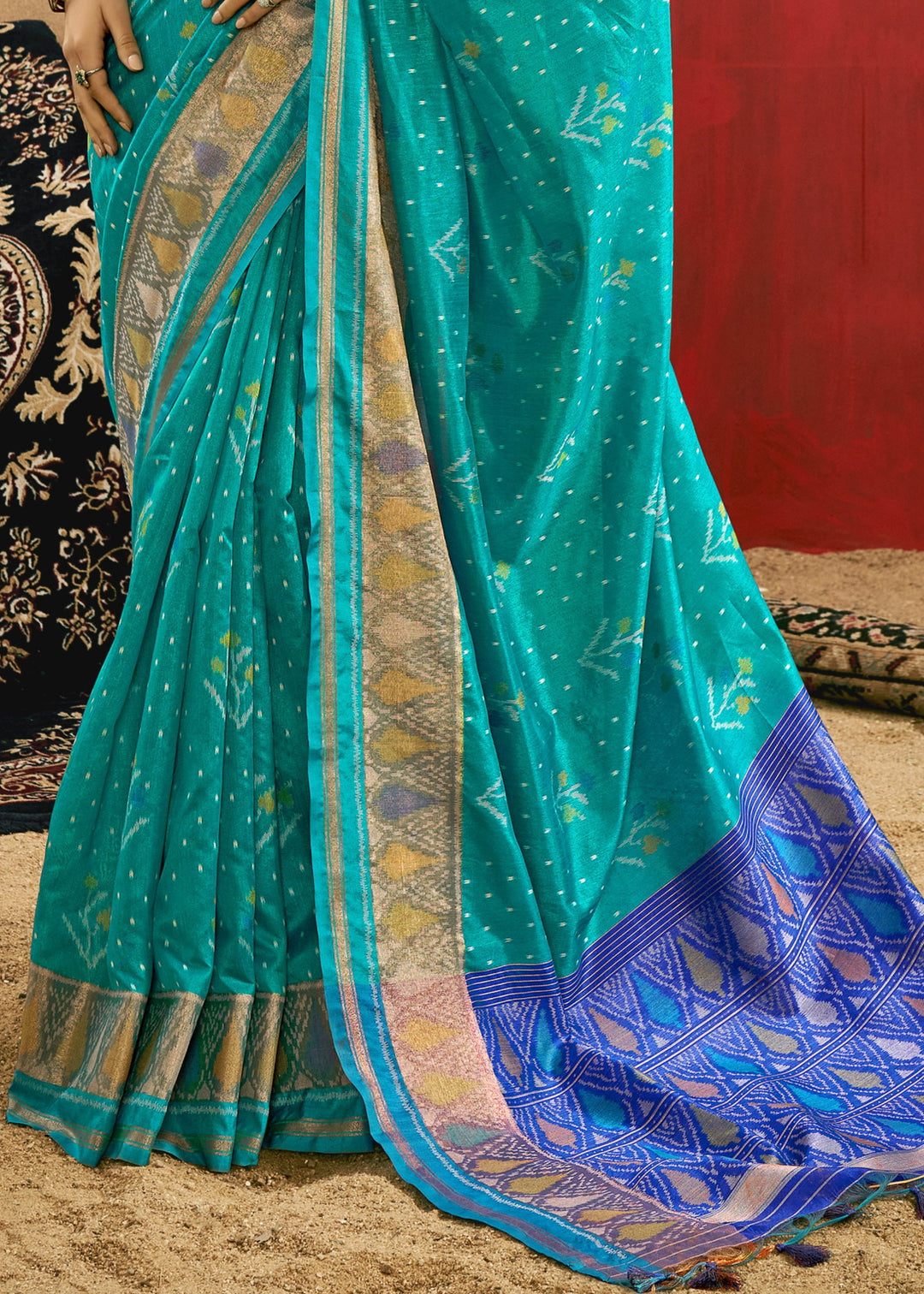 Aqua Green Patola Handloom Weaving Silk Saree