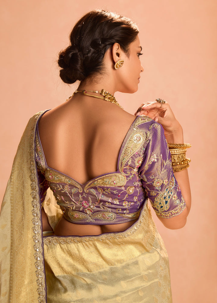 Golden Zari Tissue Silk Saree With Weaving Work And Heavy Embroidery Lace