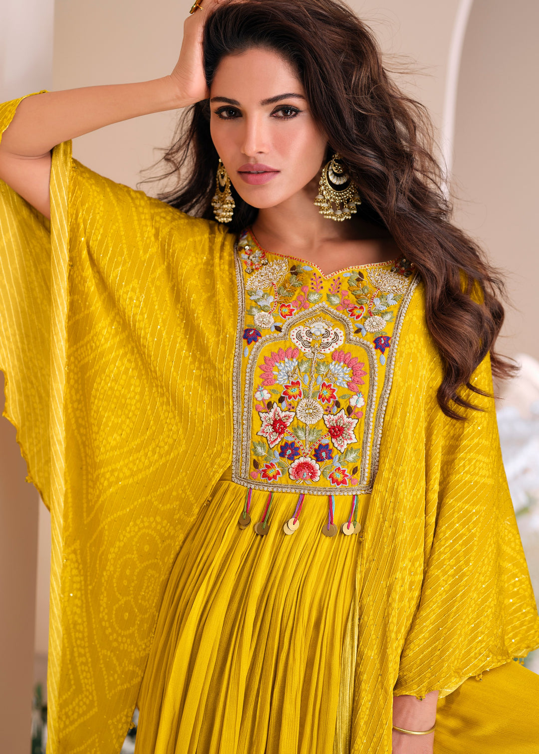 Aureolin Yellow Moti Embroidered Chinon Silk Gown With Digital Sleeves