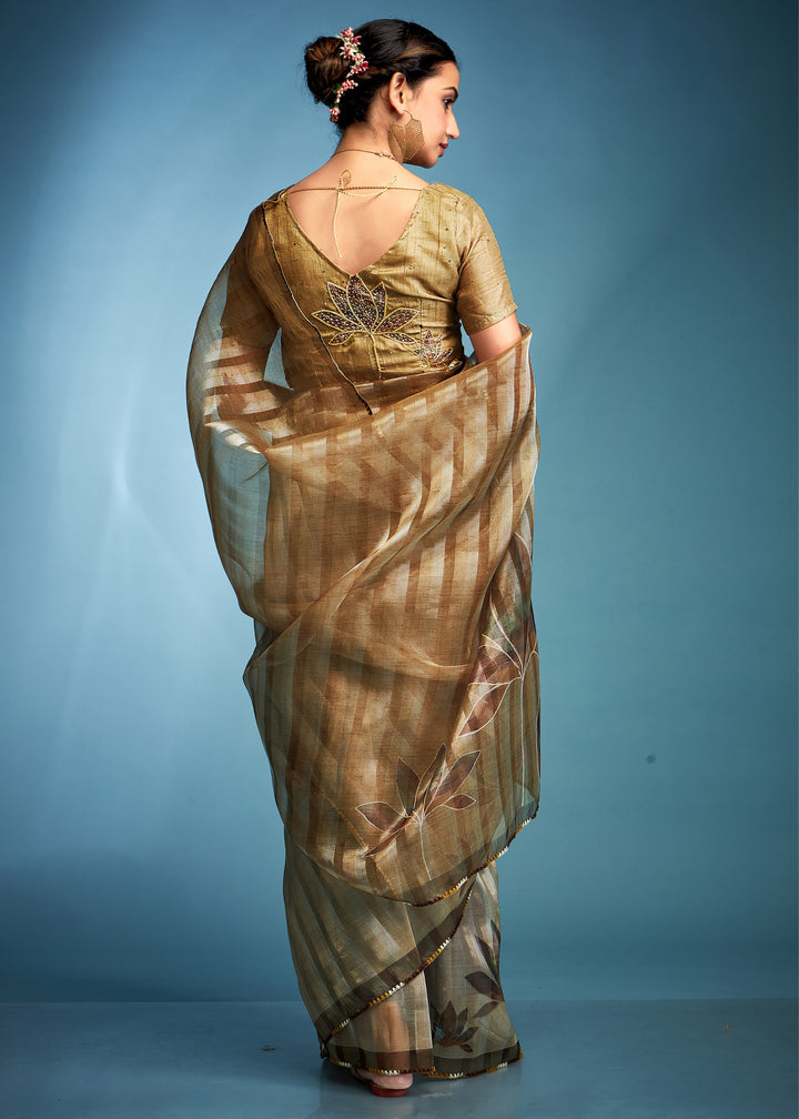 Olive Green Tissue Silk Saree With Floral Print