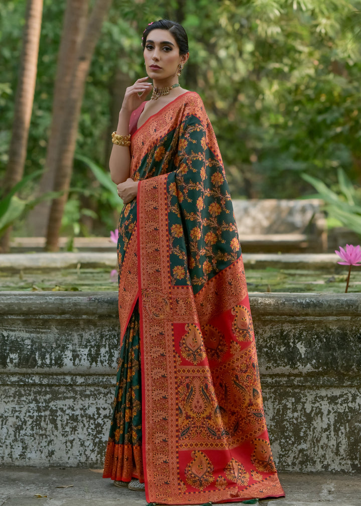 Dark Green Thread Woven Pashmina Silk Saree With Heavy Thread Woven Pallu