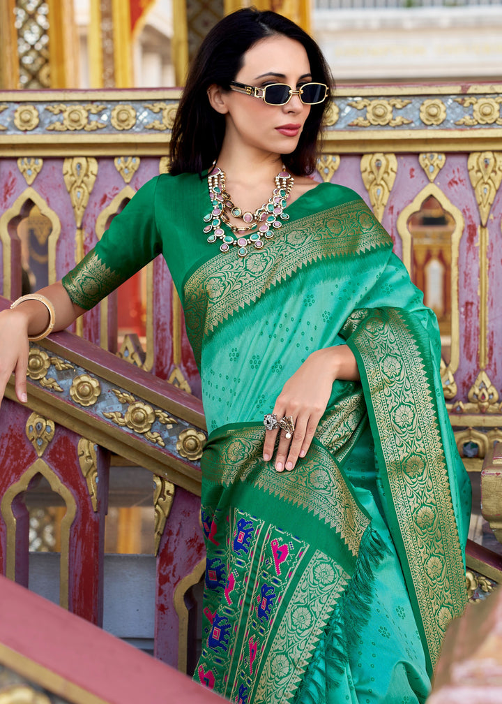 Emerald Green Tusser Handloom Silk Saree With Zari Weaving Border & Patola Weaved Pallu