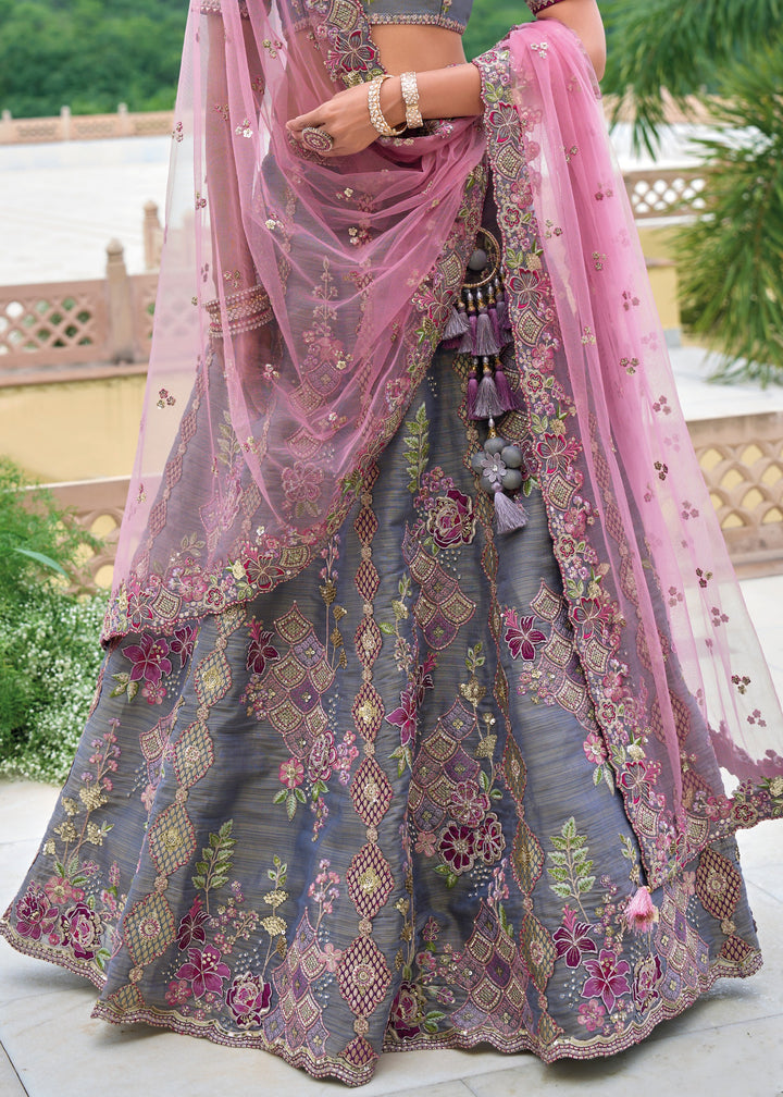 Anchor Grey and Light Purple Viscose Tissue Lehenga Choli with Embroidery Work