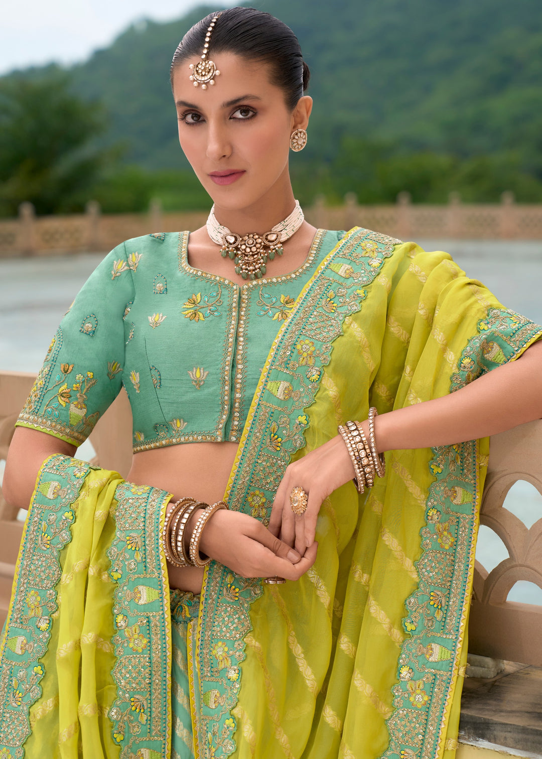 Mint Green Banarasi Silk Lehenga With Heavy Embroidery Work