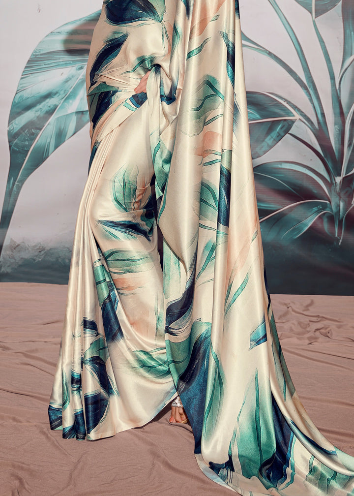 Ivory Pink and Green Satin Crepe With Digital print