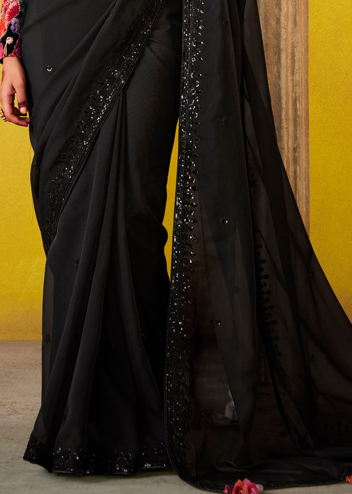 Ink Black Glass Tissue Silk Saree With Sequins And Thread Embroidered Work