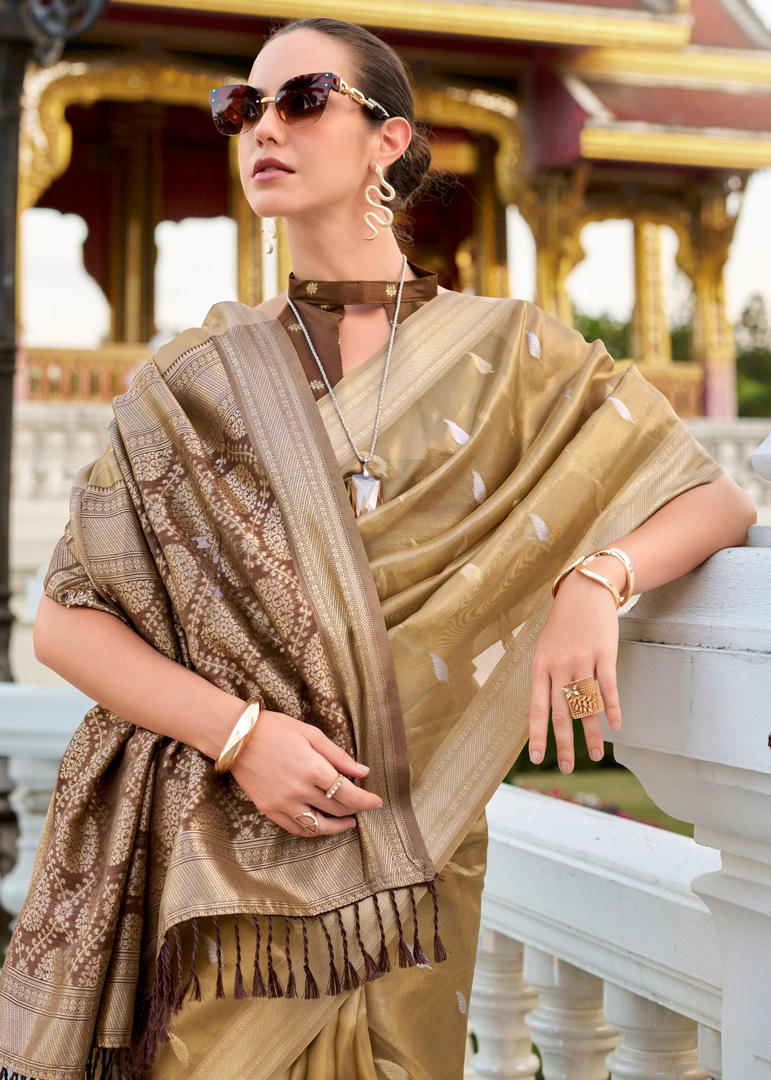 Golden Brown Tissue Silk Saree With Zari Weaving And Contrast Blouse