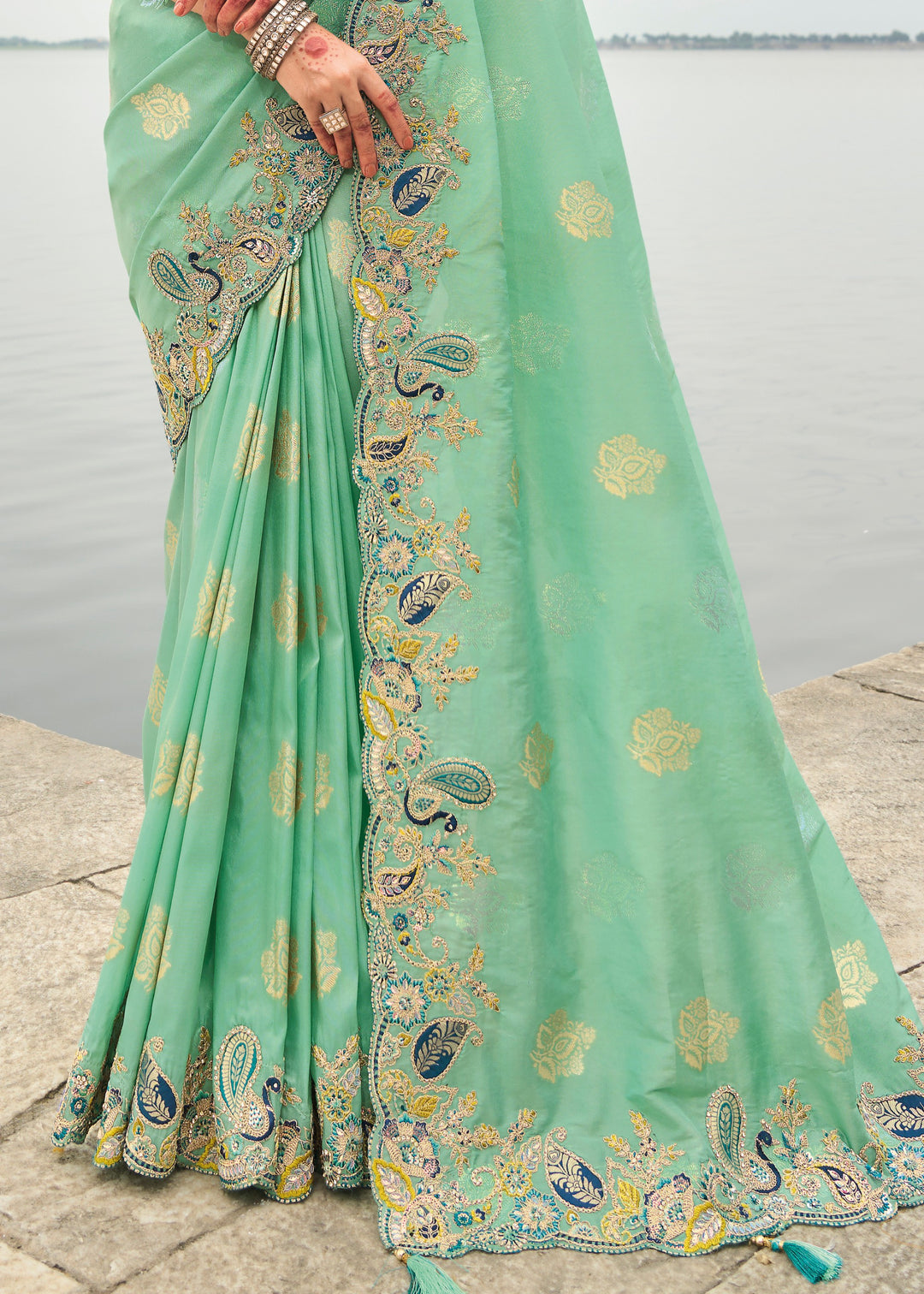 Mint Green Viscose Tissue Silk Saree With Embroidery Cut Work Border And Sequence Work