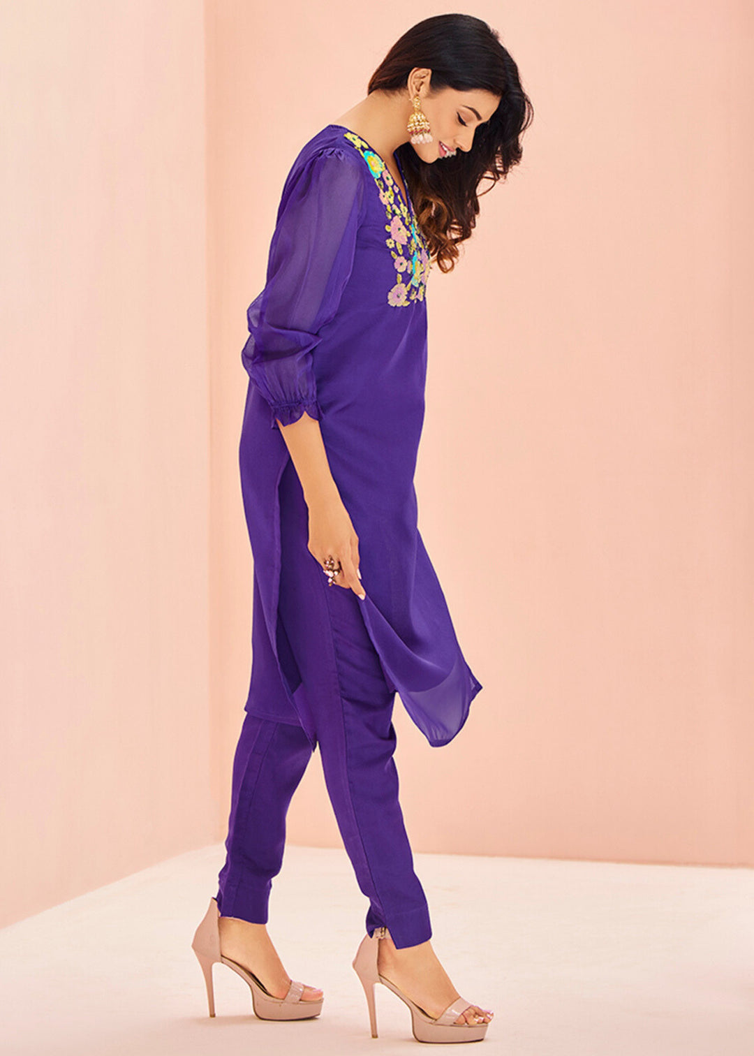 Vibrant Purple Organza Handwork Kurta with Pant