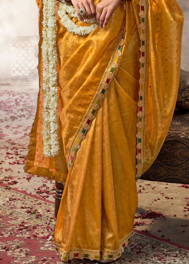 Tuscany Yellow Tissue Silk Saree With Multicolored Lace & Designer Blouse