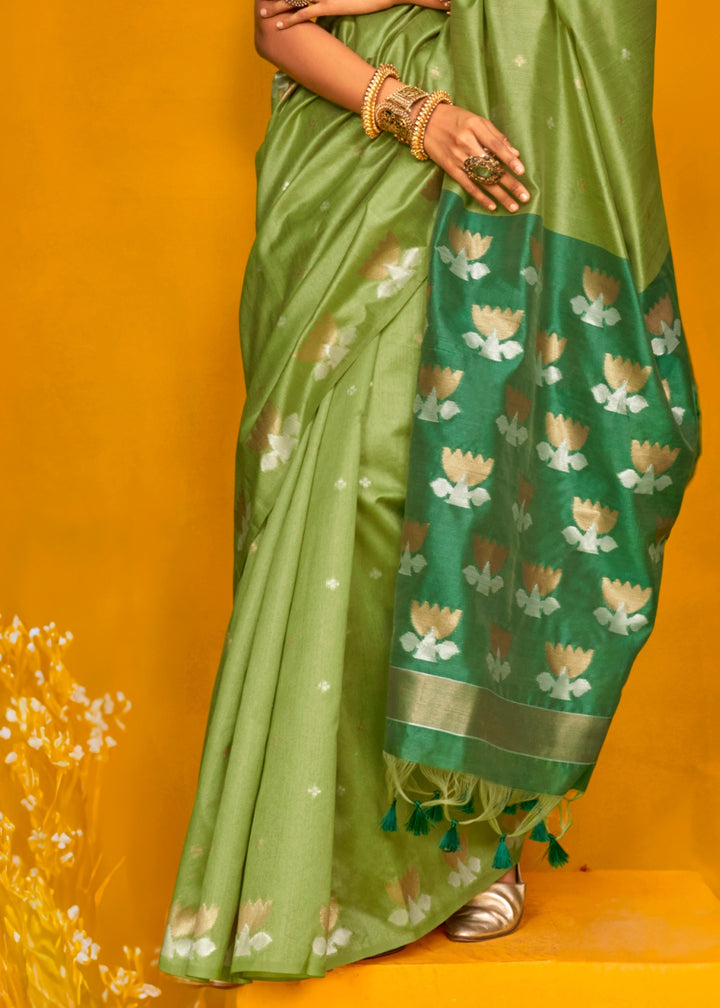 Green Tussar Handloom Weaving Silk Saree