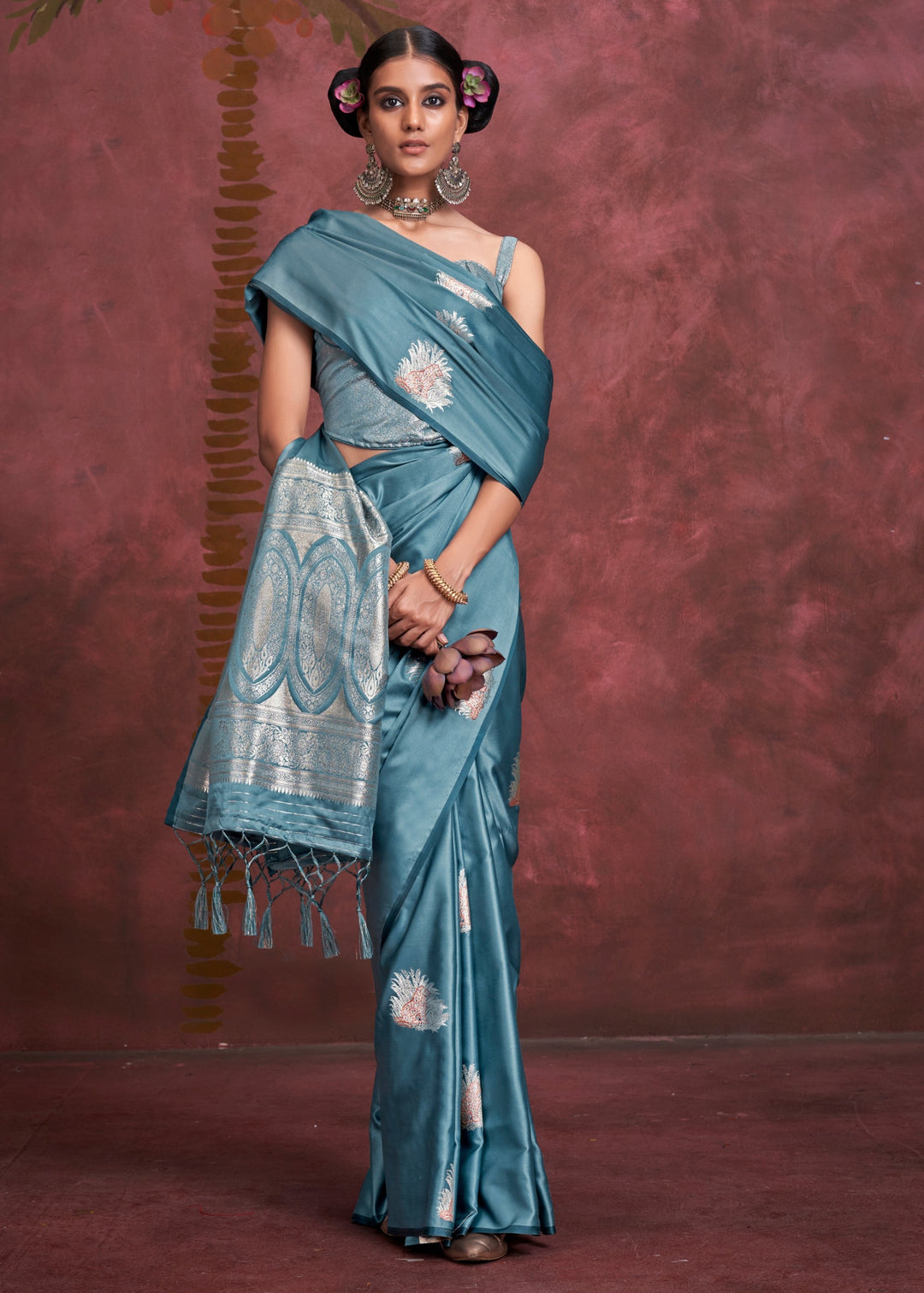 Azure Blue Handloom Weaving Satin - Banarasi Zari Saree