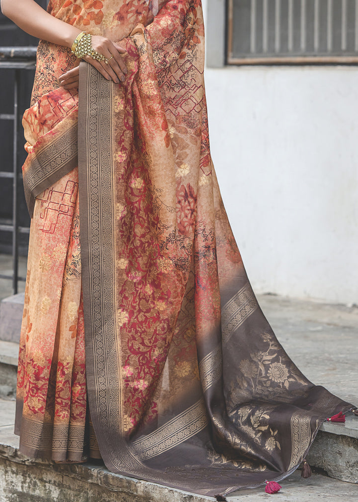 Orange and Grey Woven Silk Saree