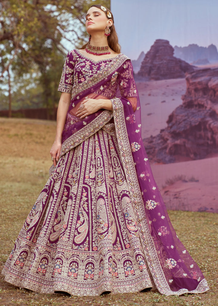 Dark Purple Pure silk Moti, Coding embroidery Bridal Lehenga