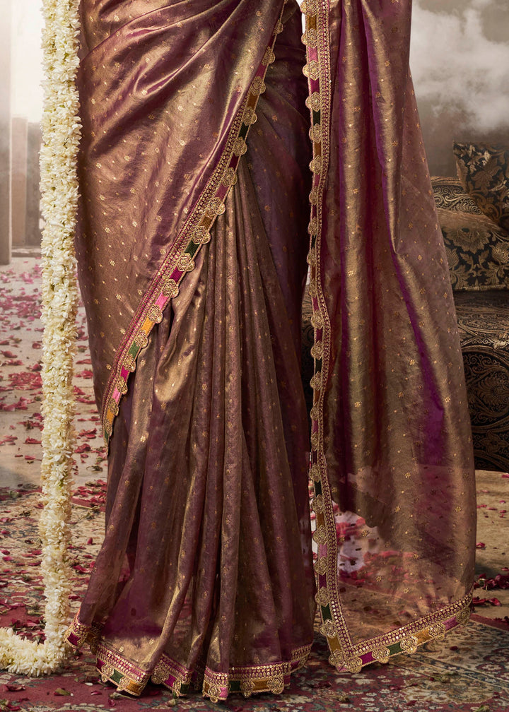 Purpleish Tissue Silk Saree With Multicolored Lace & Designer Blouse