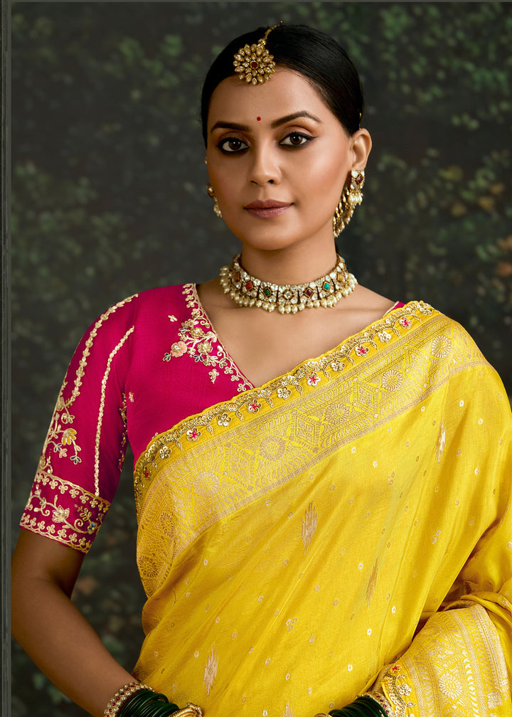 Yellow and Meganta Viscose silk Saree with Zari work