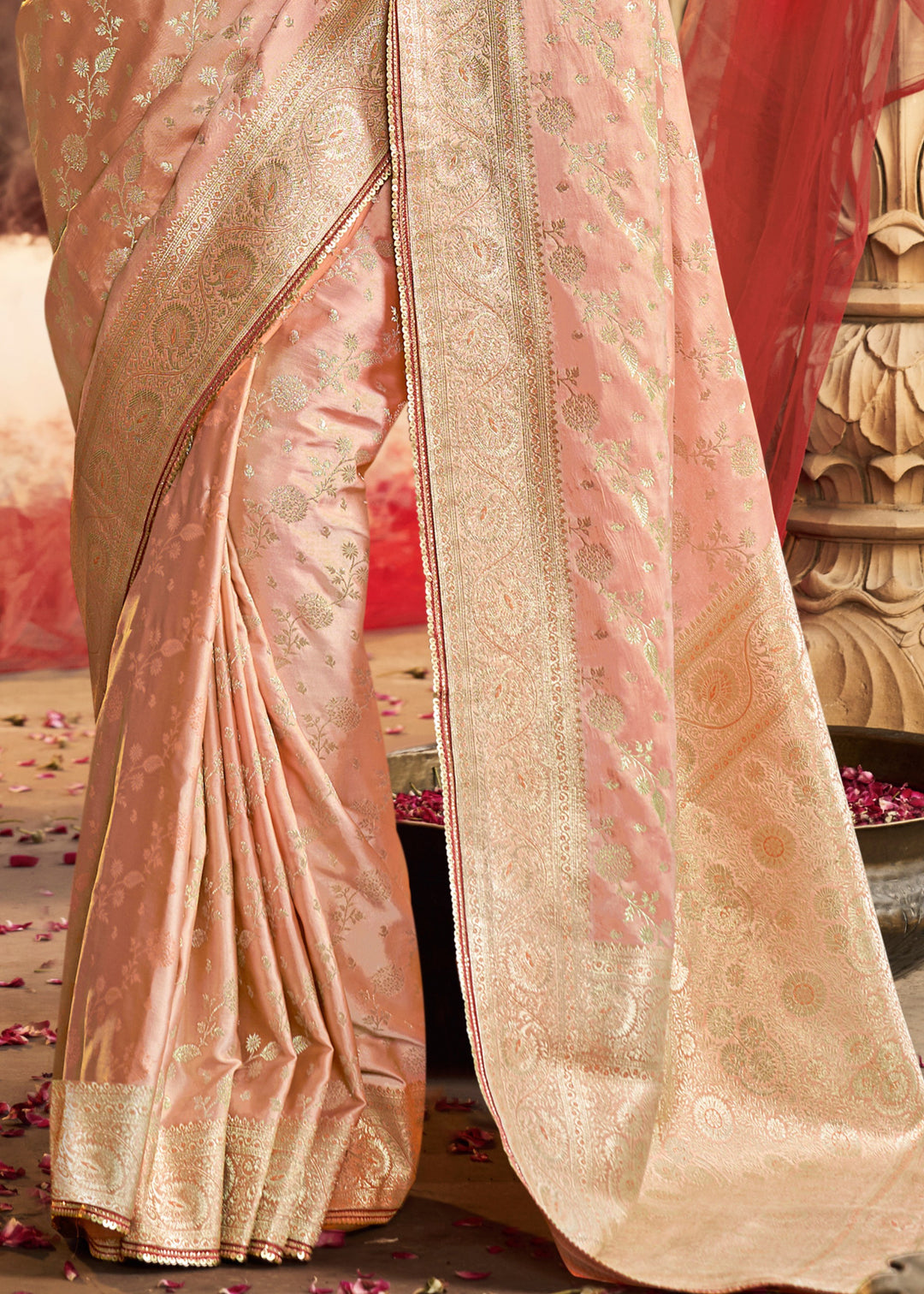 Peach Satin Silk Saree With Beautiful Lace Border And Heavy Designer Embroidered Blouse