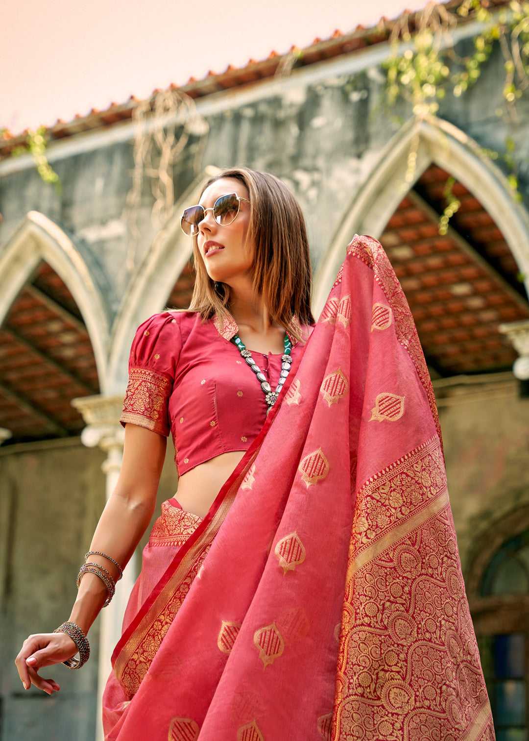 Coral Pink Soft Tissue Silk Saree With Contrast Border