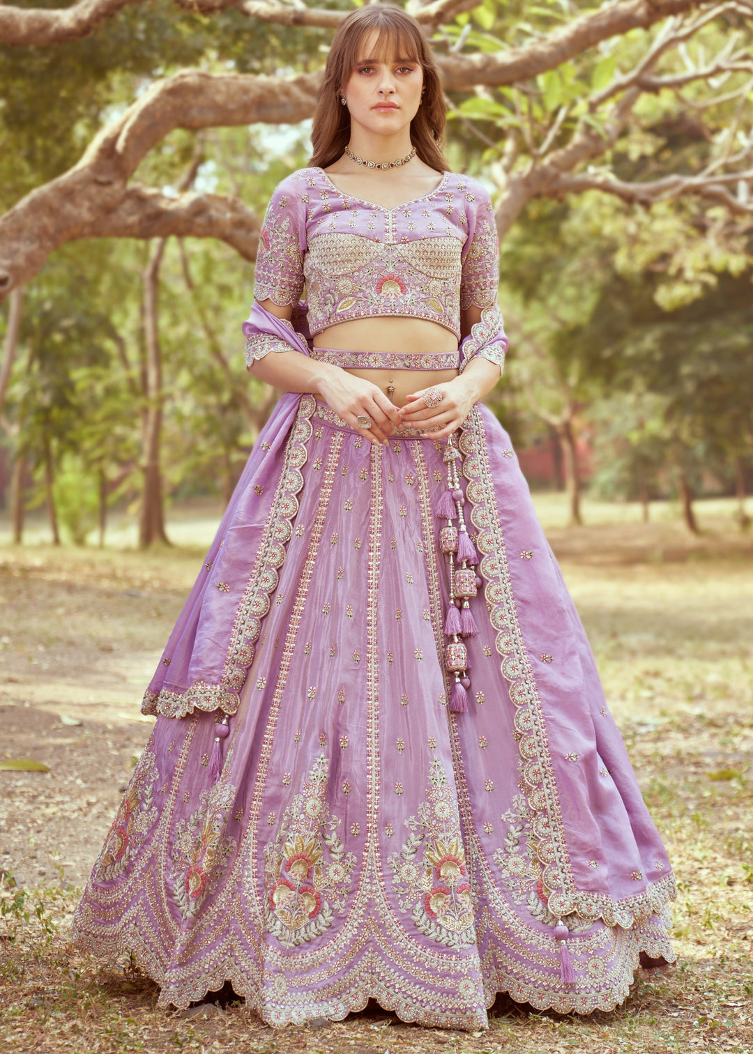 Lavender Gold crushed Tissue Fabric Moti, Zari work Lehenga