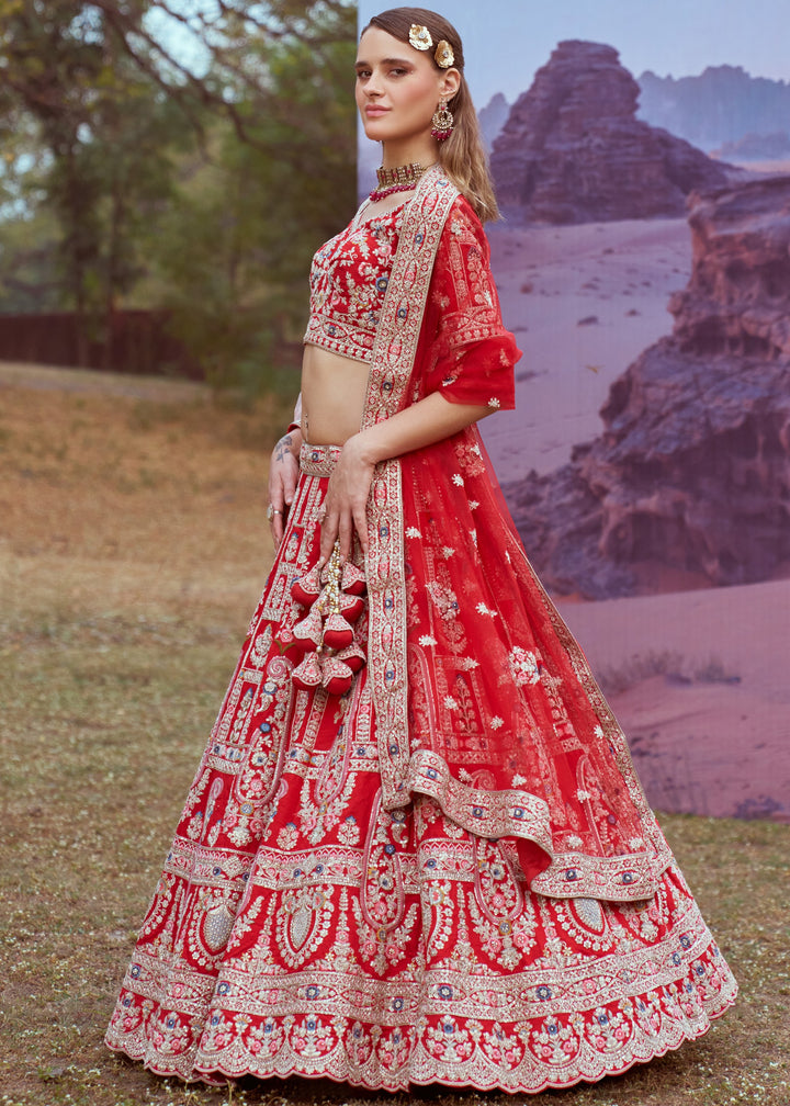 Red Pure silk Moti, Sequins embroidery Bridal Lehenga