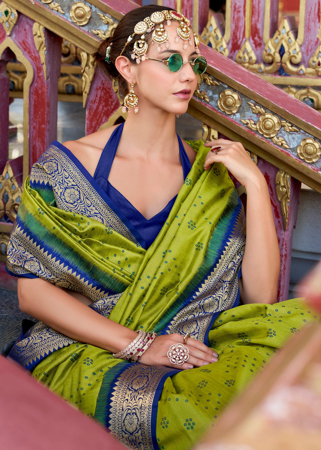 Pear Green Tusser Handloom Silk Saree With Zari Weaving Border & Patola Weaved Pallu