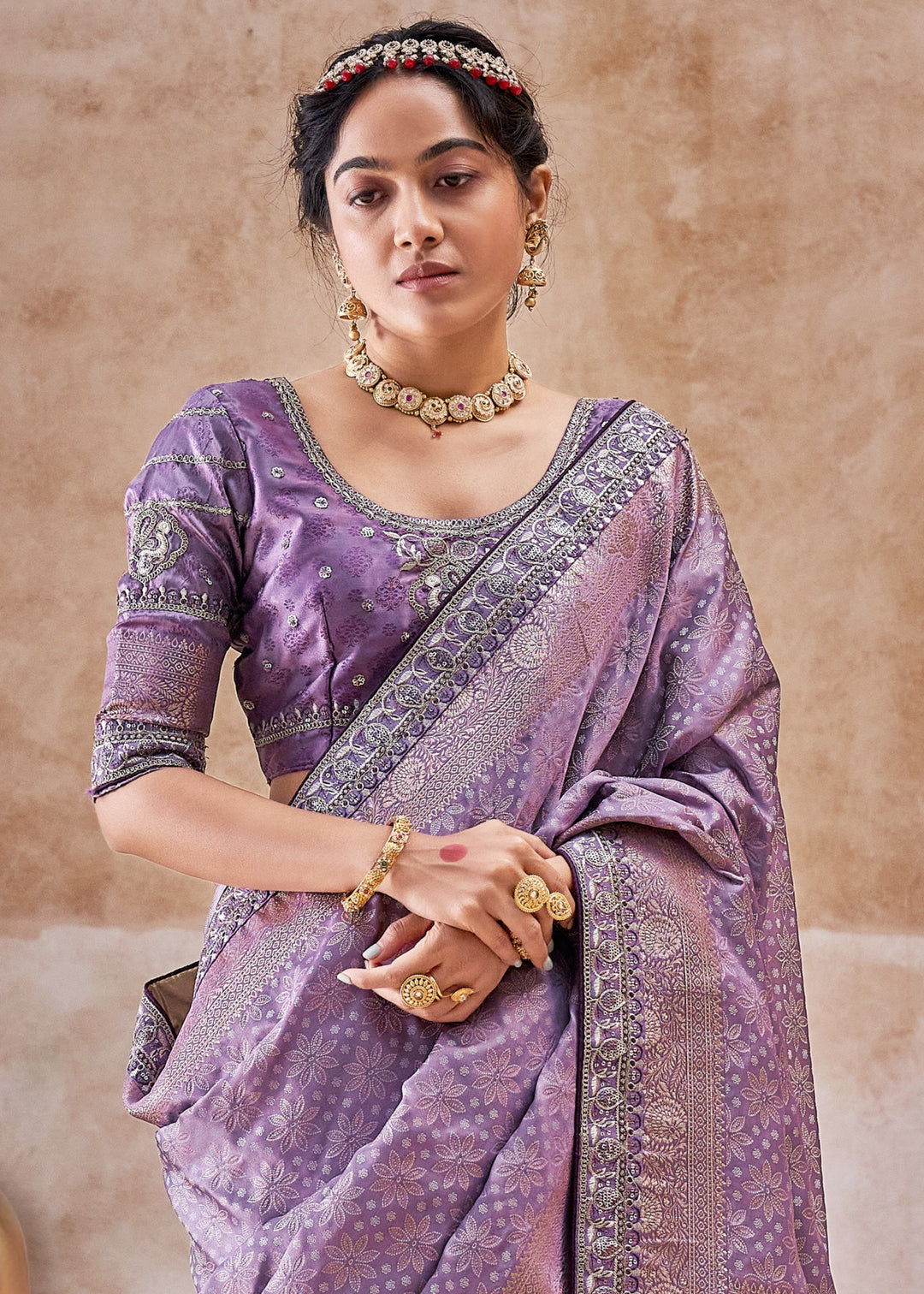 Dark Purple Satin Silk Saree With Heavy Embroidery Lace & Blouse