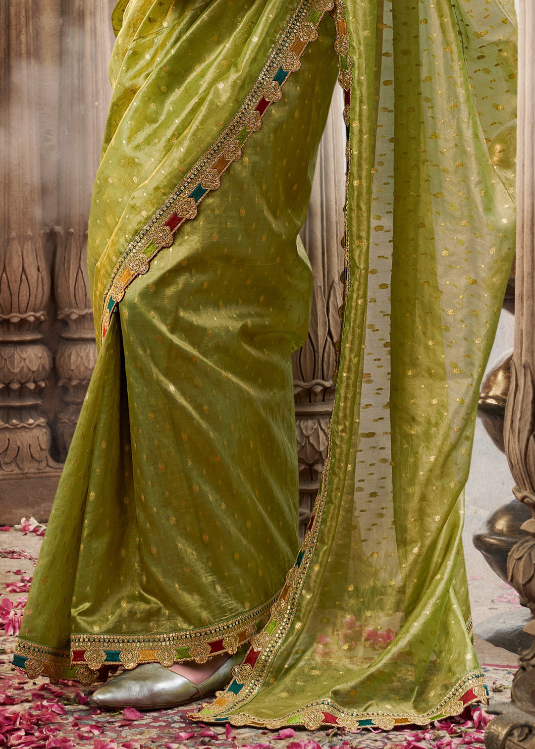 Apple Green Tissue Silk Saree With Multicolored Lace & Designer Blouse