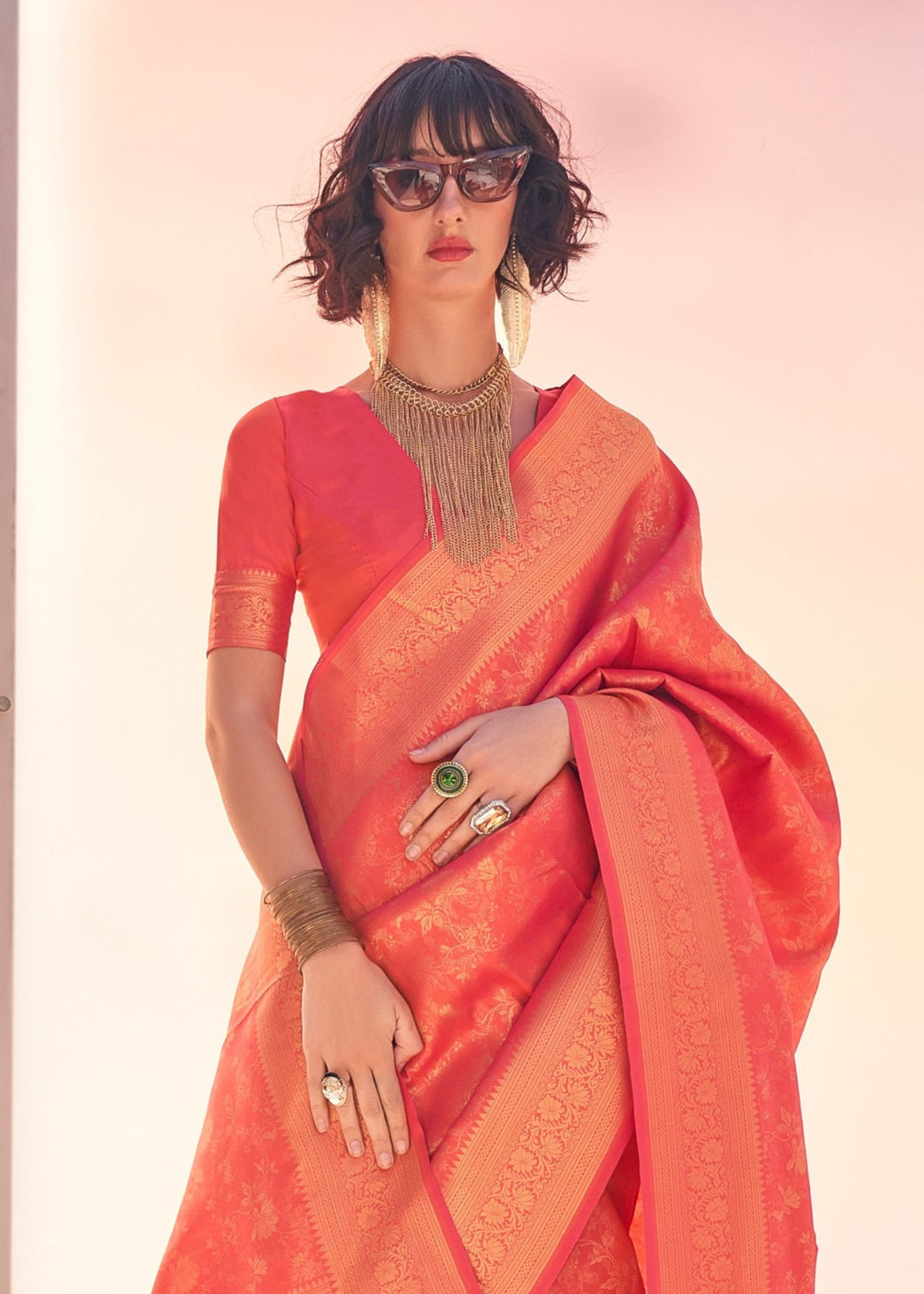 Peach Orange Handloom Weaving Saree